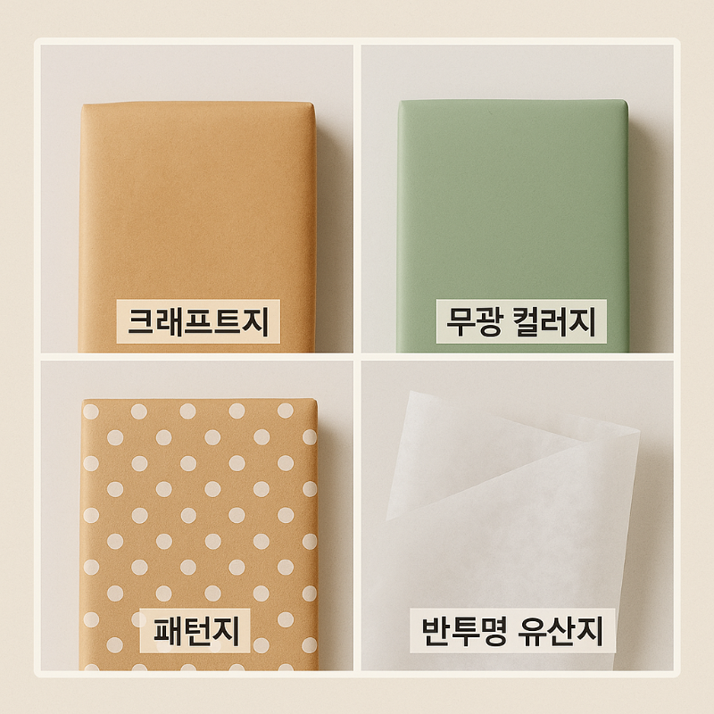 크래프트지, 무광 컬러지, 패턴지, 반투명 유산지 - 포장지 종류별 비교 이미지 카드