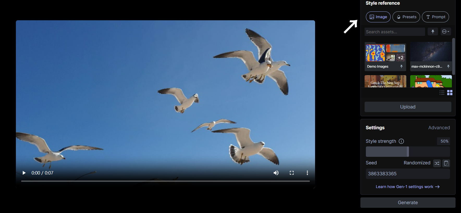 Runway Video to Video Stylization의 세가지 Style Reference 종류 설정창