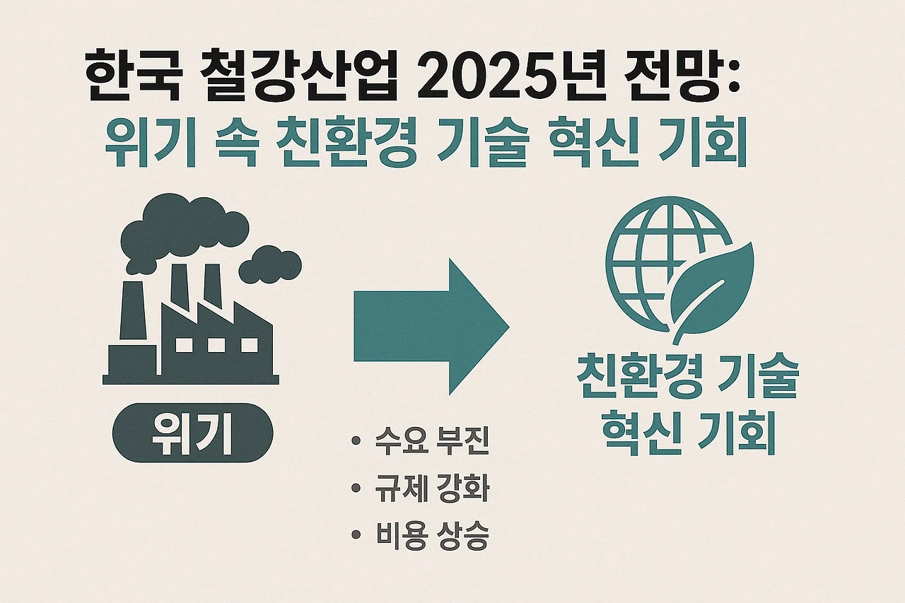 2025년 한국 철강산업 전망과 수소환원제철 기술 혁신을 보여주는 현대적인 제철소 이미지
