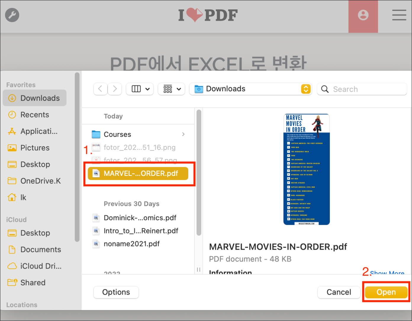탐색기 창에서 PDF 파일을 선택하는 예