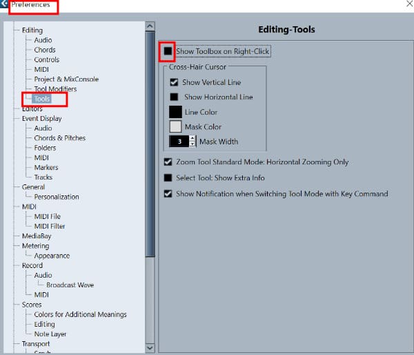 Tools - Show Toolbox on Right-Click 체크 해제
