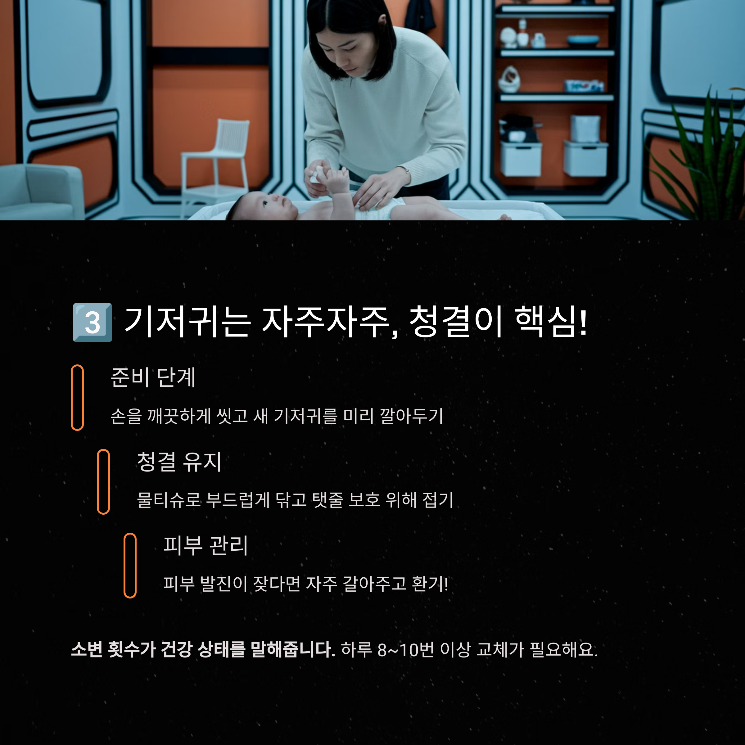 기저귀 교체대에서 아기를 눕히고 교체 준비 중인 엄마의 모습