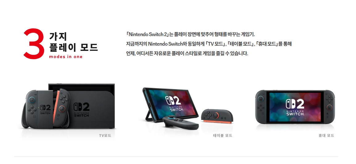 닌텐도 스위치2 세가지 플레이 모드 (출처 : 닌텐도 공식 홈페이지)