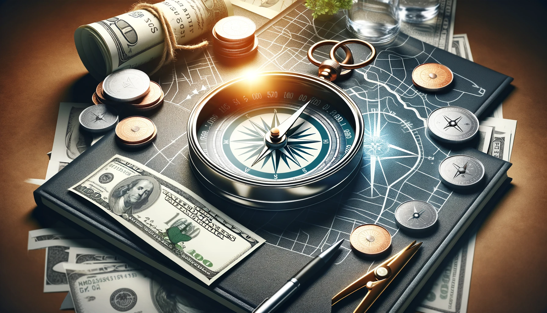 The final image&#44; representing financial advice and planning&#44; shows a guiding compass and a roadmap&#44; symbolizing direction and guidance in financial decision-making&#44; suitable for the paragraph on the signup process and my personal advice.