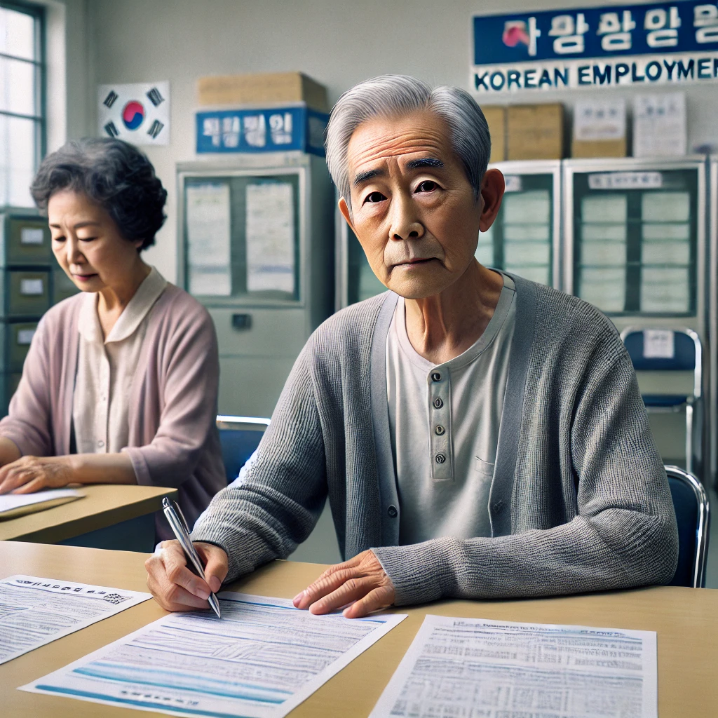 퇴직 후 실업 급여 신청서를 작성하고 있는 노인들