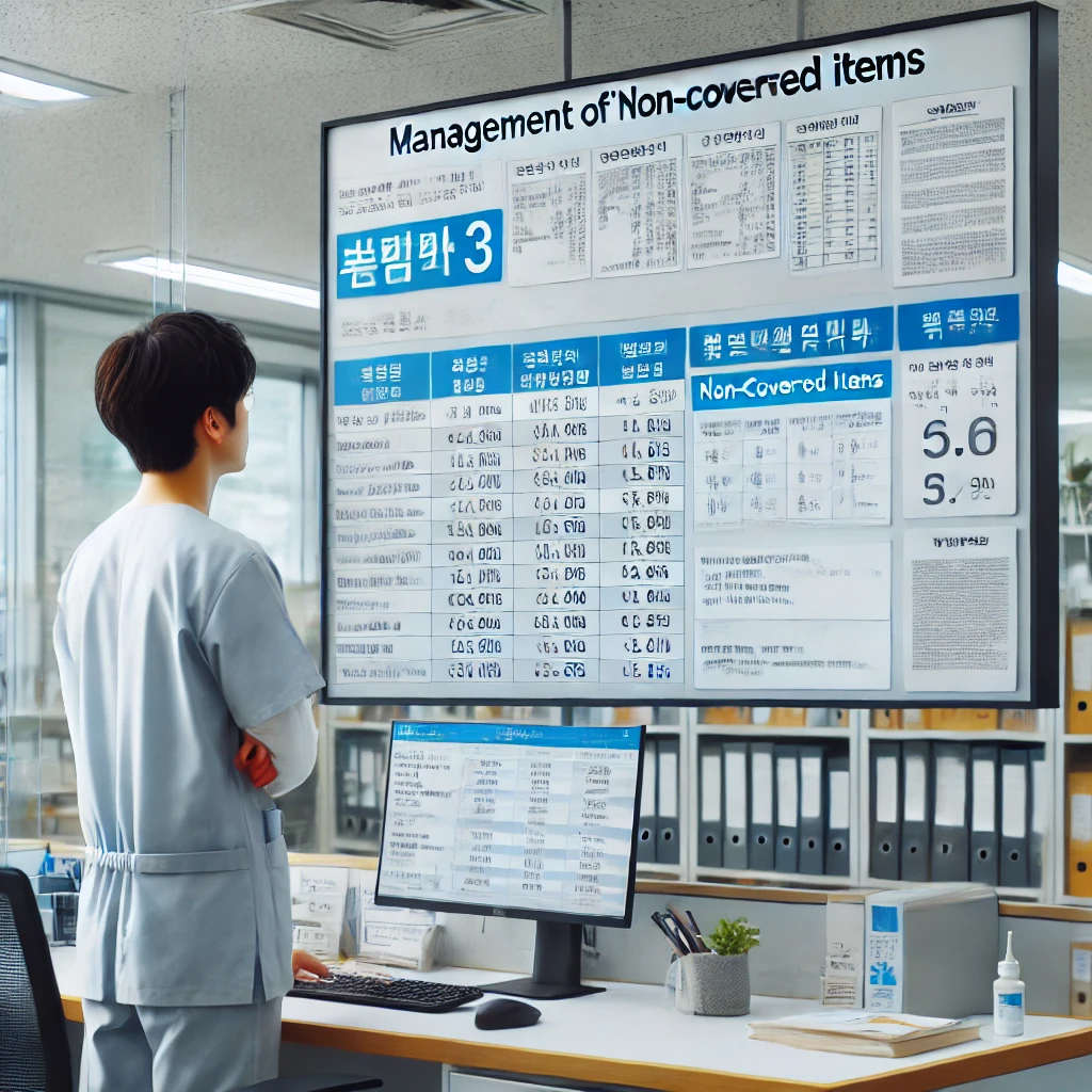 병원 서비스에 대한 정보를 업데이트하는 의료 관리자, 비급여 항목 관리 강화 내용을 포함한 공시판이 보이는 장면
