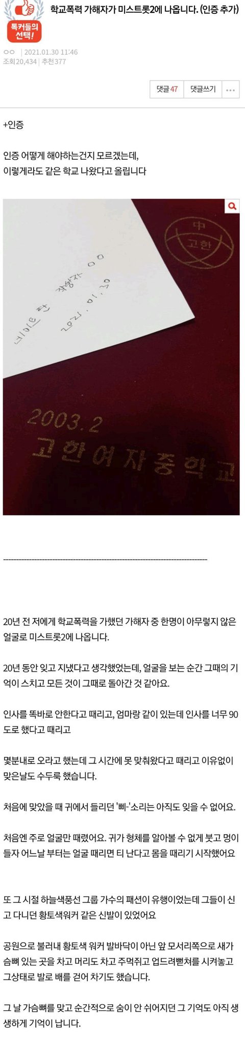 가수 진달래 학폭 피해자 글 전문(출처 네이트판)