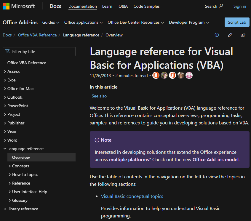 Language reference for Visual Basic for Applications (VBA)