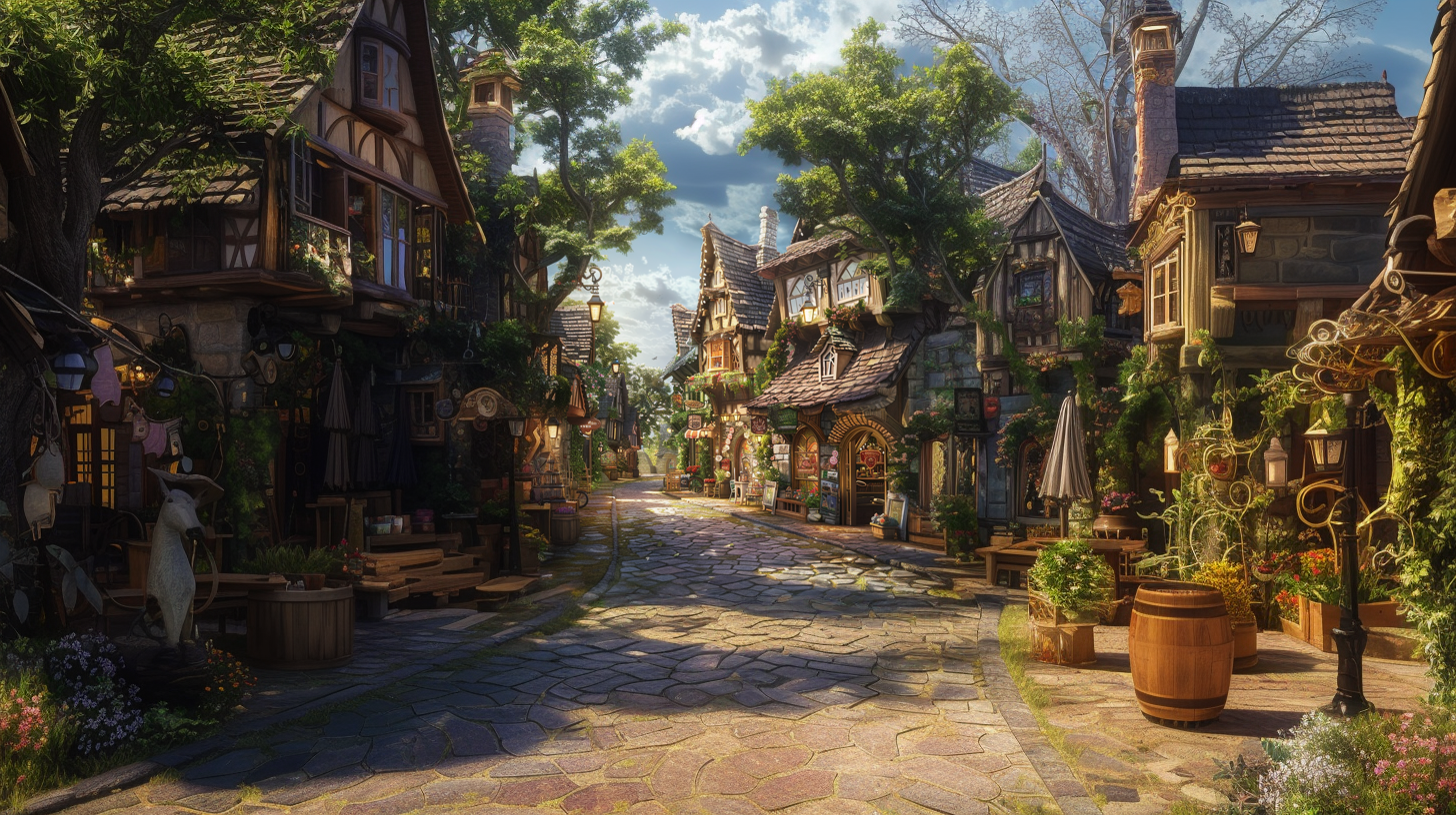 The scenery of a magical village, including village streets and village shops, has been realized.