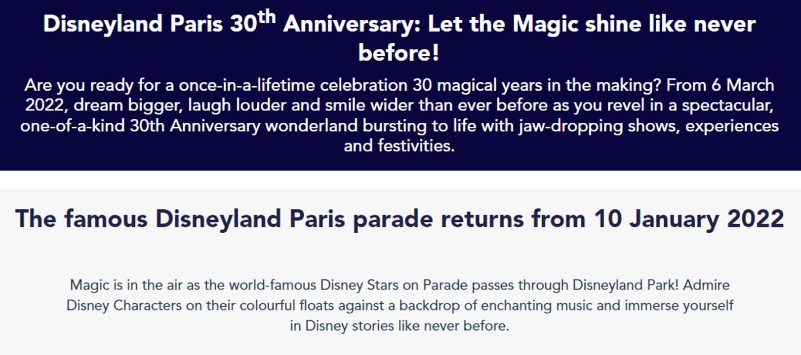 디즈니랜드 파리에서 2022년에 30주년을 맞아 진행하는 행사 소개와 퍼레이드 시작에 대한 안내장