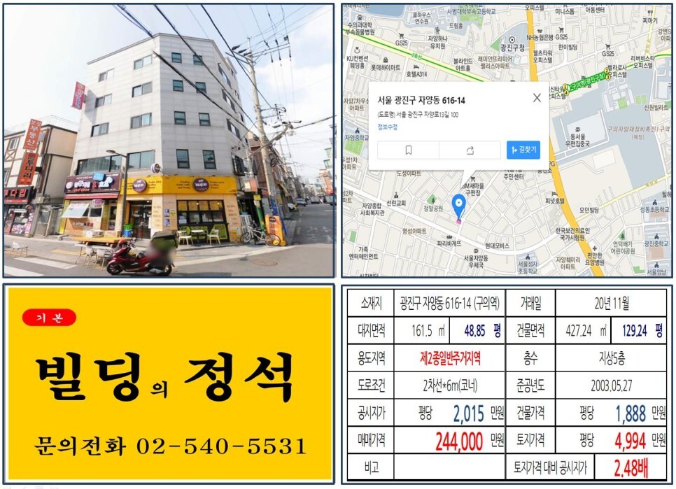  [광진구 구의자양재정비촉진구역 20억 꼬마빌딩 실거래가 조회] 자양동 616-14 (구의역) 24억 4,000만 원, 평당 4,994만 원 매매