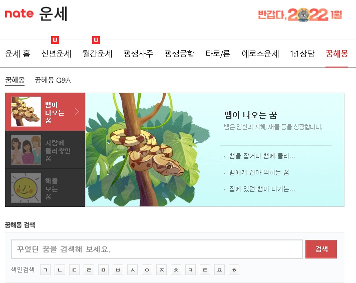 네이트 사이트에서 운세 꿈해몽 메뉴로 들어갑니다