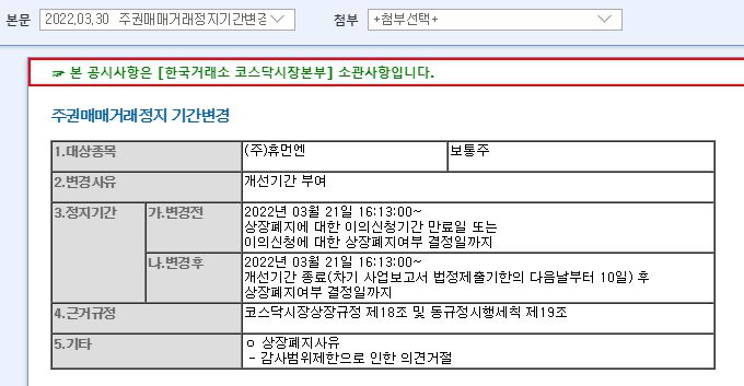 휴먼엔 거래정지