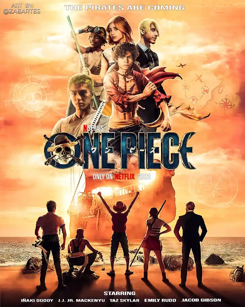 바다위에 있는 해적선을 배경으로 밀짚모자 해적단 캐릭터들이 등장하는 넷플릭스 원피스 실사 드라마 포스터