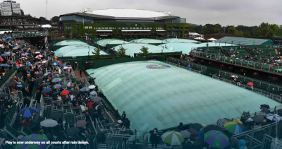 비가 오는 윔블던 테니스 대회 전경
