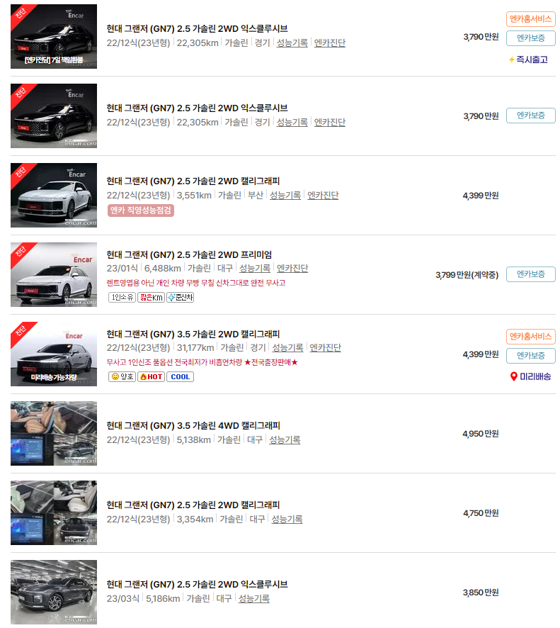 그랜저 (GN7)(22년~23년식) 중고차 가격