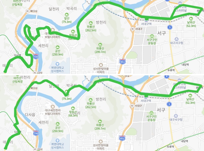 성서3번-버스-노선이-그려진-지도