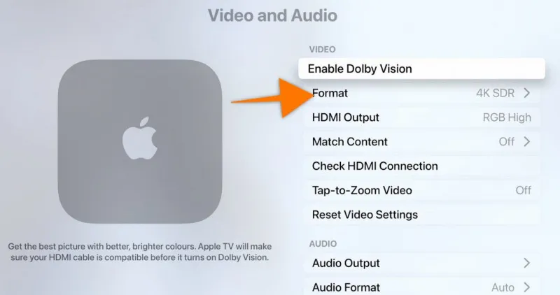 애플 TV 설정. 비디오 및 오디오. 포맷 설정