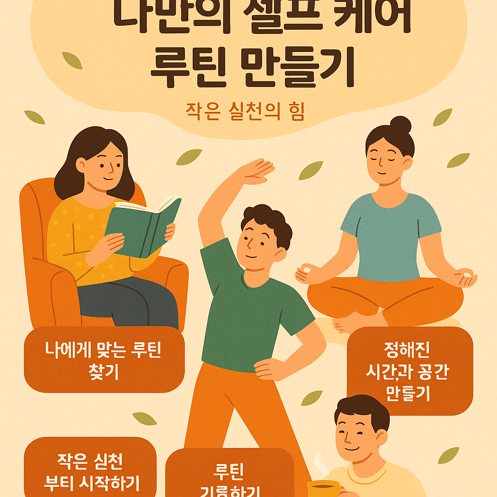 책 읽기, 스트레칭, 명상, 차 마시기 같은 편안한 셀프 케어 활동을 하는 사람들