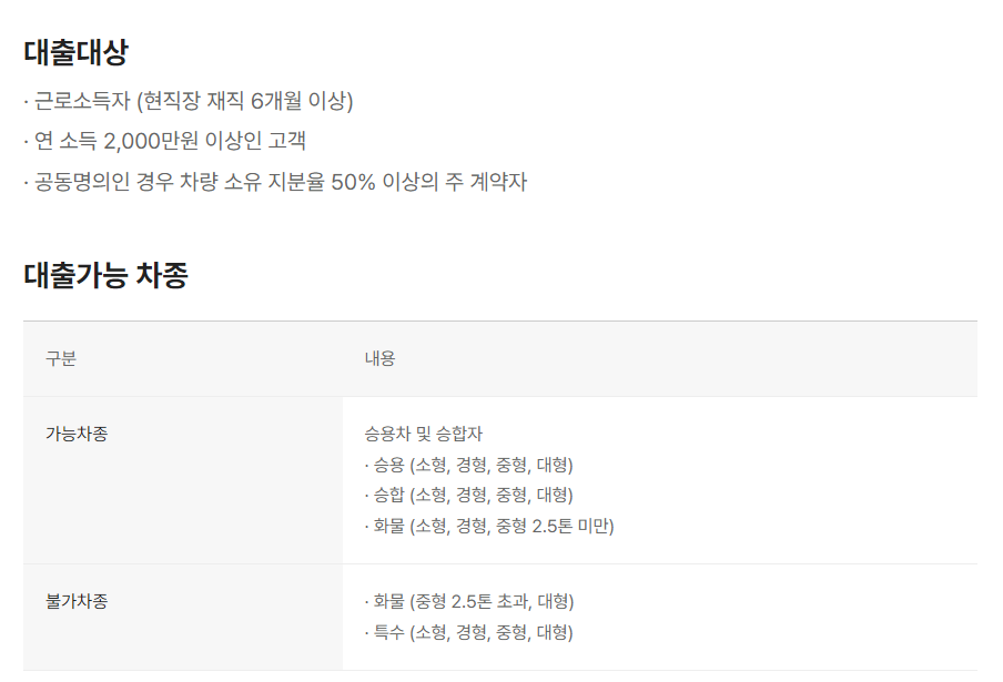 대출대상 및 대출가능 차종