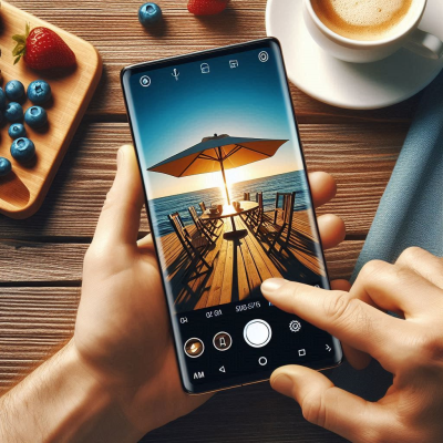 디지털 사진을 수정하는 손과 스마트폰 화면