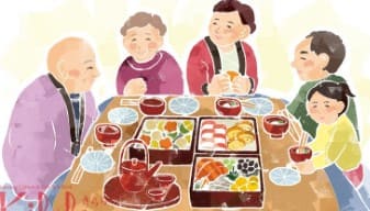 테이블 위에 음식이 있고 온 가족이 둘러 앉아서 식사를 하고 있는 그림