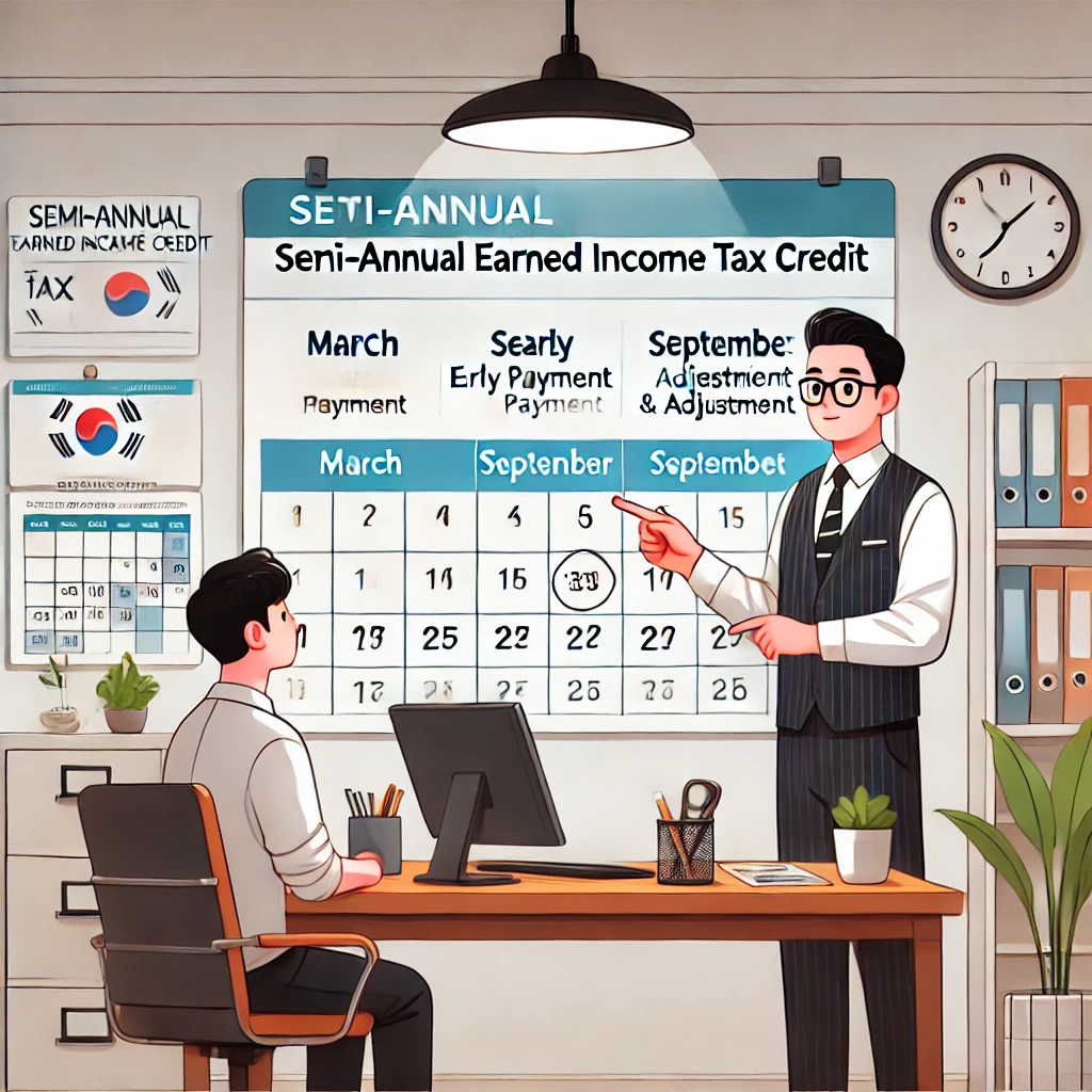 반기 신청 근로장려금 제도를 설명하는 세무사와 직장인, 달력과 조기 지급 차트를 활용한 상담 장면&quot; title=&quot;반기 신청 근로장려금 이해를 돕는 달력과 상담 장면
