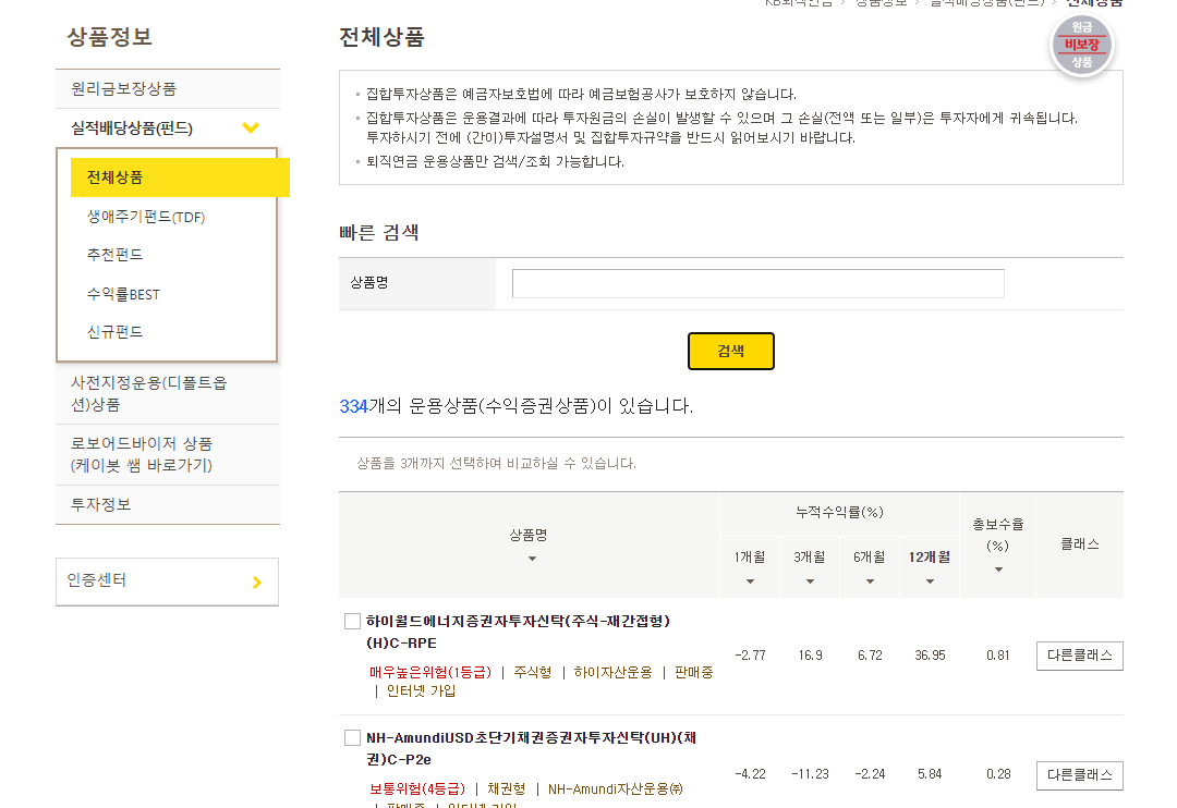 IRP 국민은행 증권상품 화면