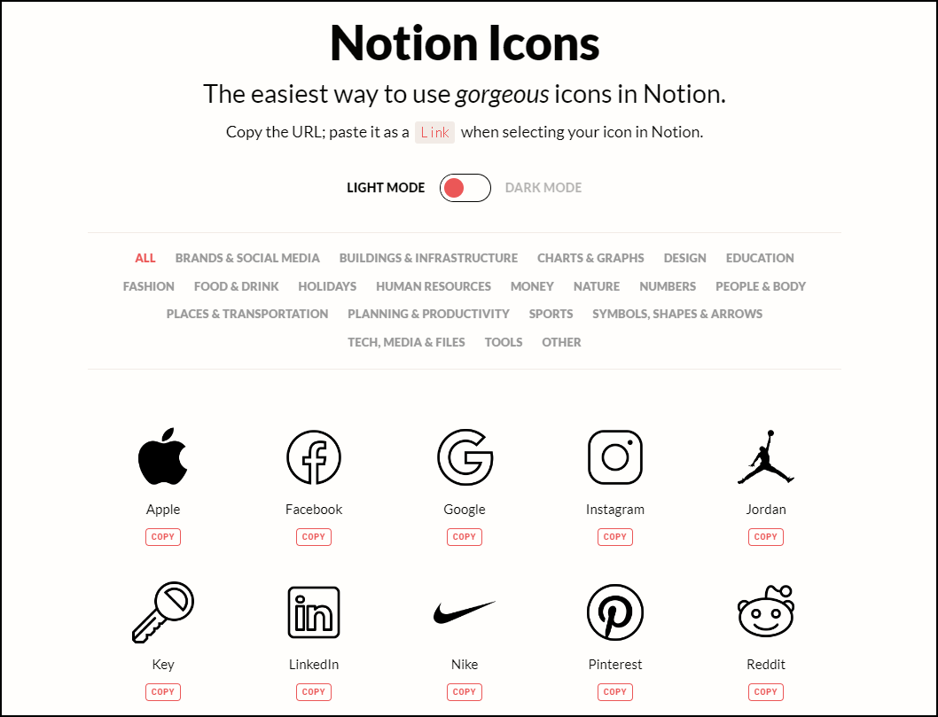 Notion Icons 메인 페이지 - 노션에 사용할 수 있는 아이콘들이 있다.