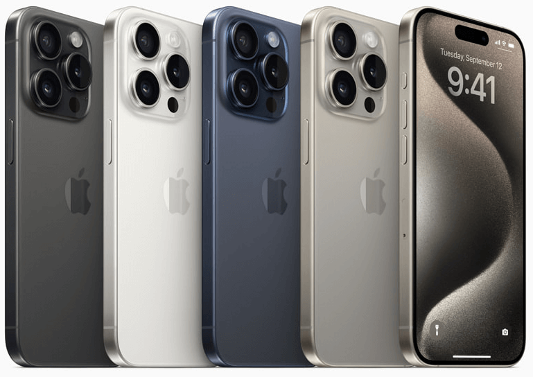 iPhone 15 Pro와 iPhone 15 Pro Max는 블랙 티타늄&#44; 화이트 티타늄&#44; 블루 티타늄&#44; 내추럴 티타늄의 새로운 4가지 눈부신 마감으로 출시된다.