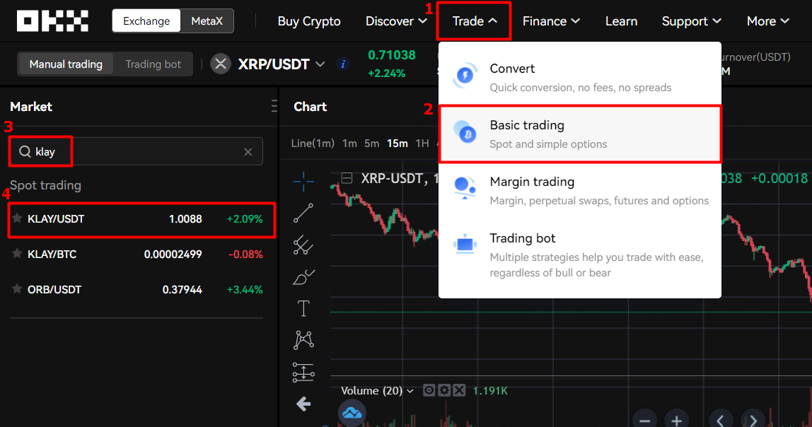 OKX에서 KLAY/USDT 마켓으로 들어가는 순서를 나타내는 사진