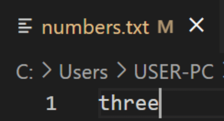 numbers.txt 파일에 three 추가