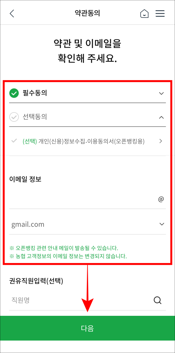 오픈뱅킹 이용 약관에 동의하고 이메일 정보를 입력한 뒤&#44; 다음을 선택