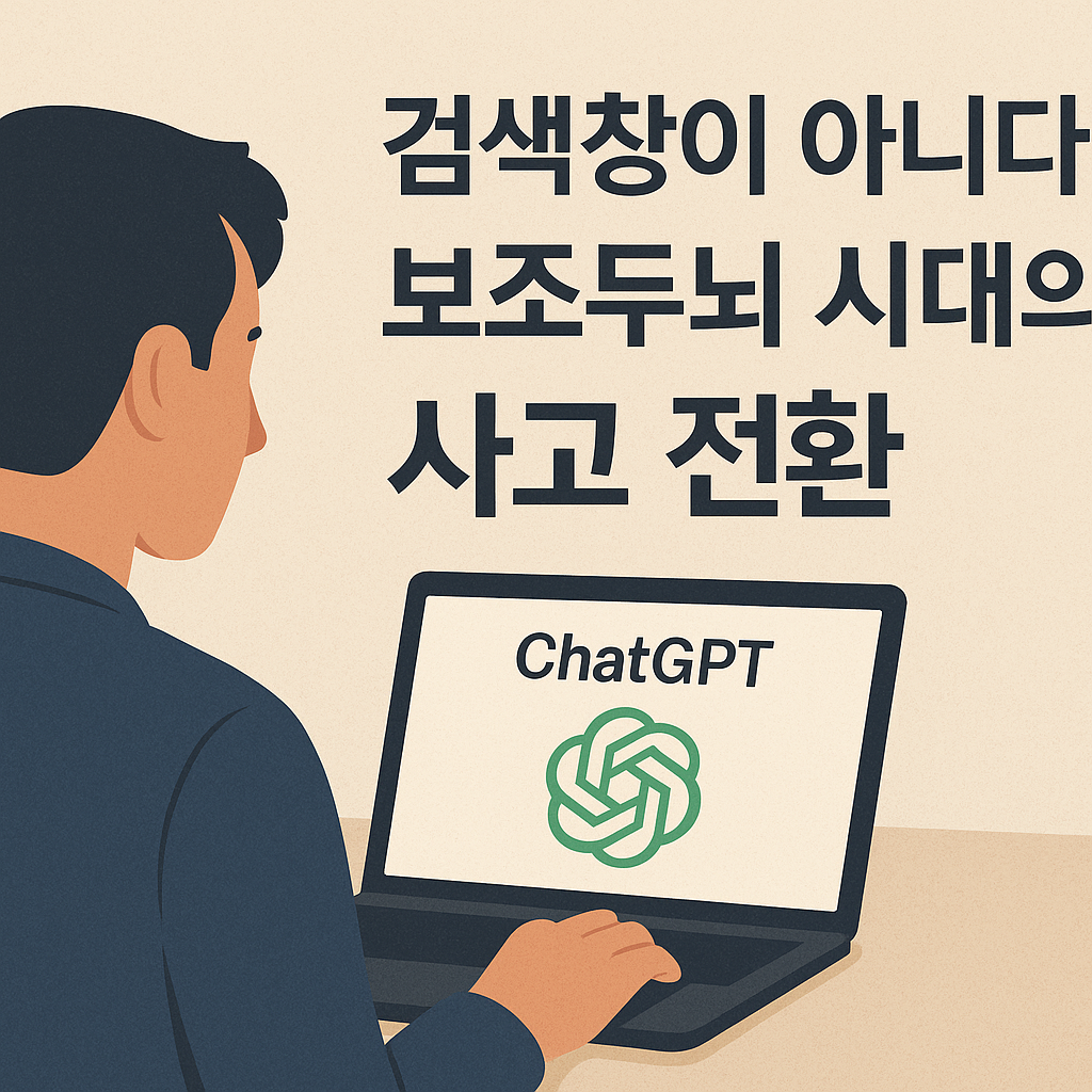 ChatGPT를 사용하는 남성의 뒷모습과 '검색창이 아니다 – 보조두뇌 시대의 사고 전환'이라는 문구가 있는 일러스트 이미지