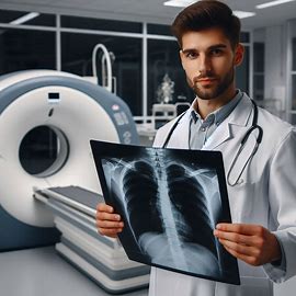 MRI 앞에서 x-ray 촬영 사진을 들고 있는 의료진
