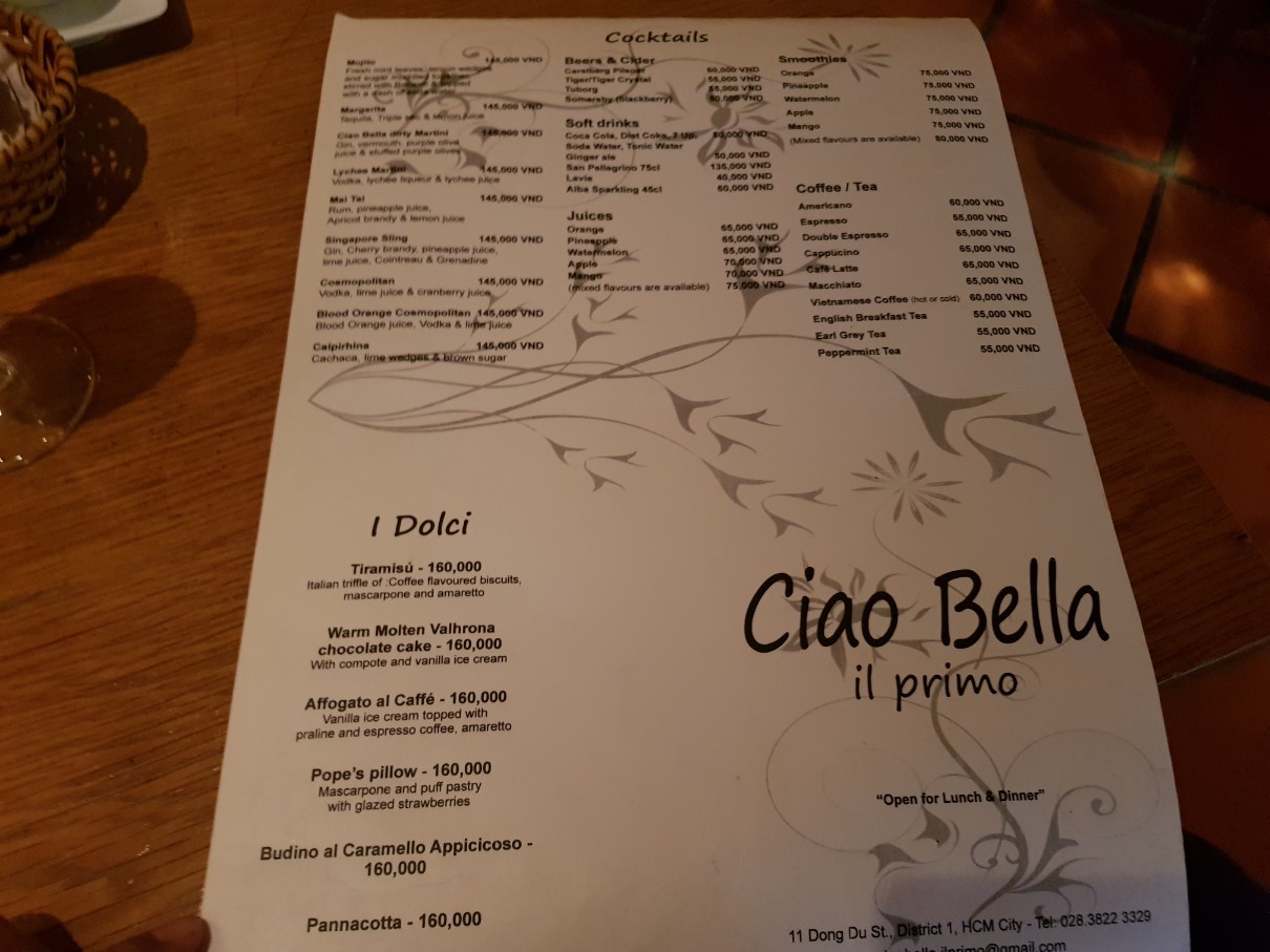 호치민 1군 이탈리안 레스토랑 Ciao Bella IL Primo 메뉴(2)