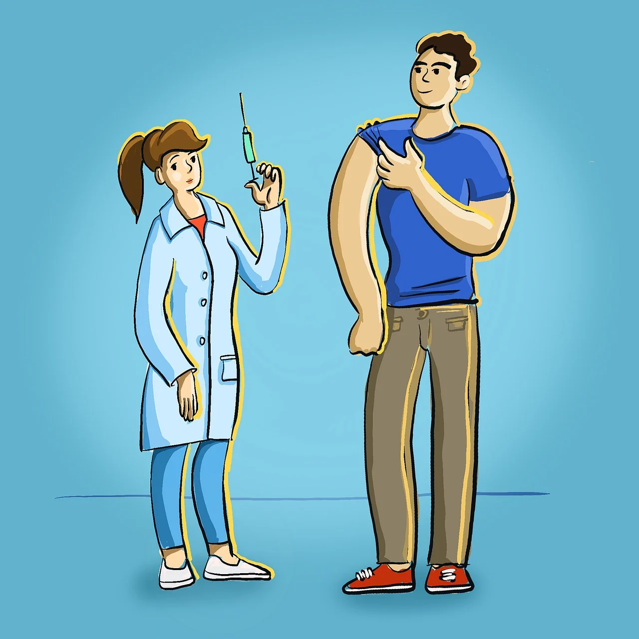 의사가 환자의 팔에 백신 접종 중인 그림