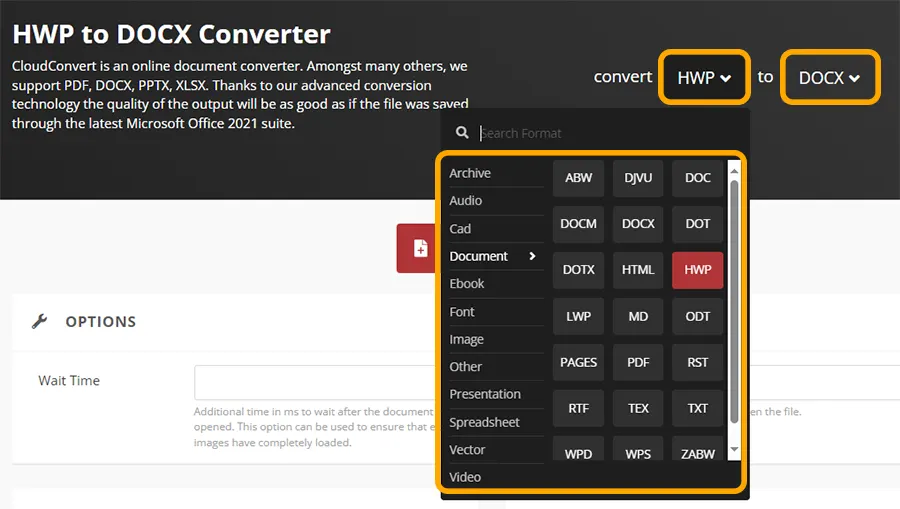 hwp에서 docx로 문서로 변환하는 모습. hwp뿐 아니라 다른 형식의 문서도 변환이 가능한 모습