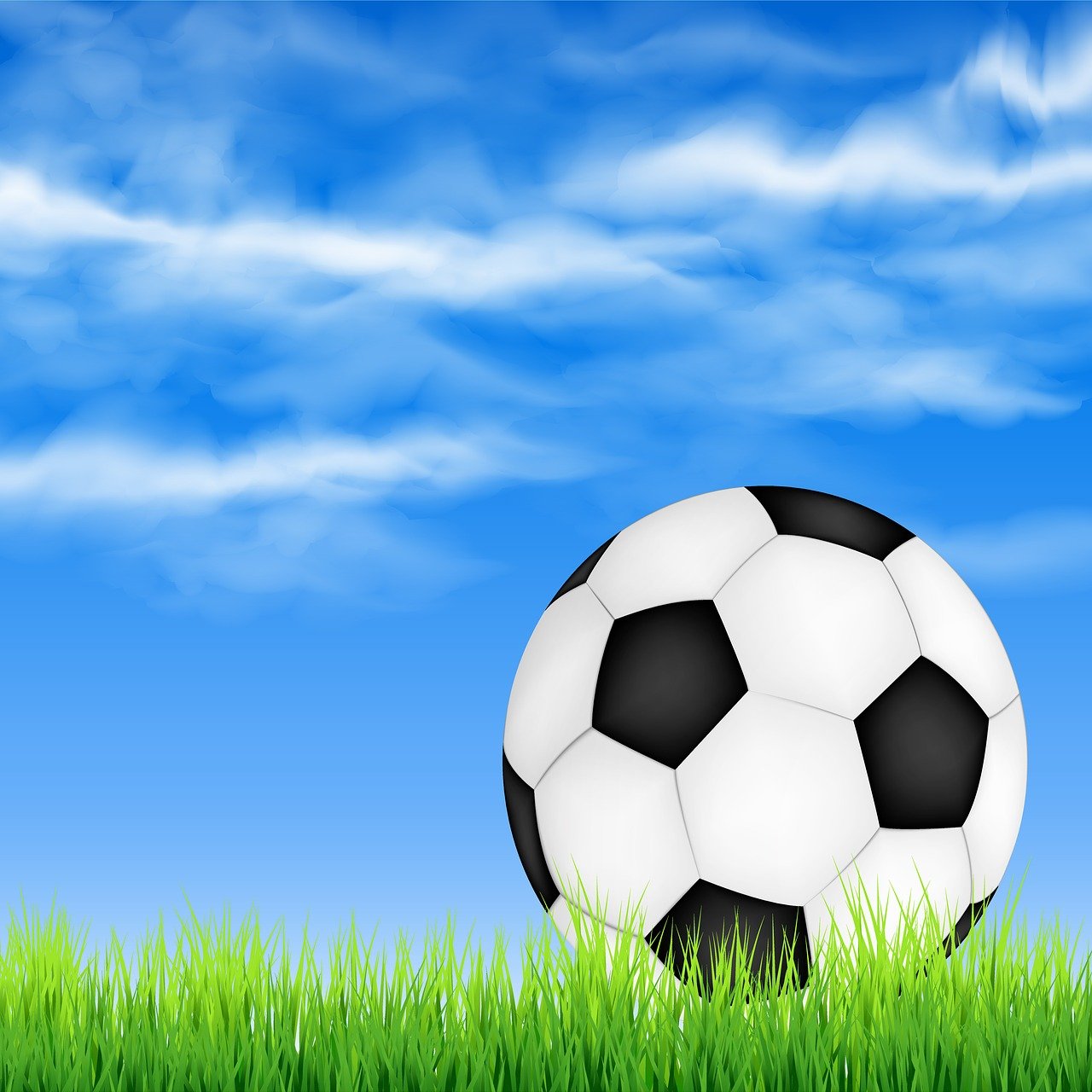 파란 하늘 밑에 축구 공 하나가 잔디 위에 놓여 있습니다.