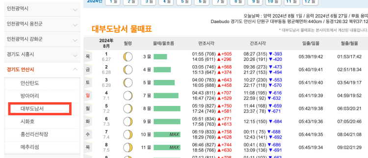 대부도 물때 시간표