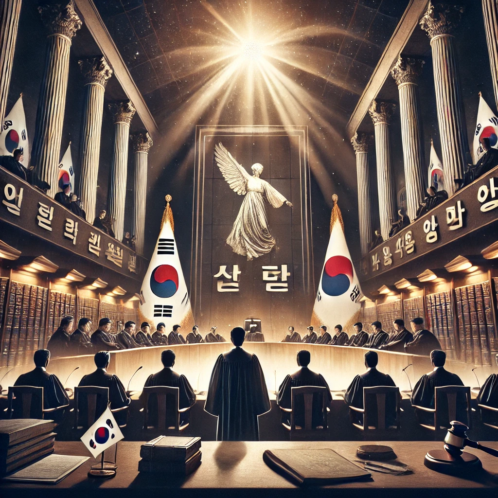 전통적인 분위기의 헌법재판소 법정에서 심판이 열리는 장면 