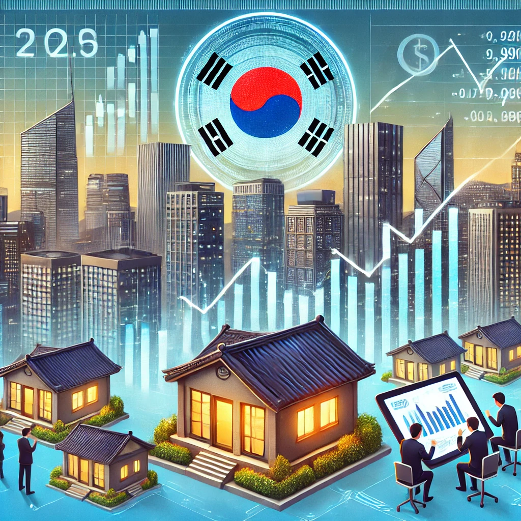 2025년 한국의 금리 인하가 부동산과 주식 시장에 미치는 영향을 시각적으로 표현한 이미지