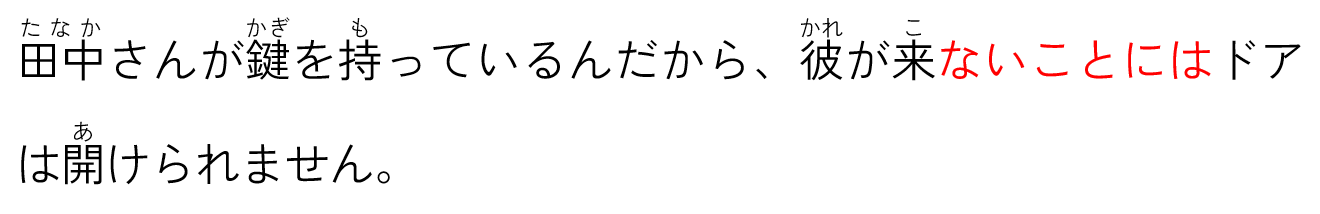 田中(たなか)さんが鍵(かぎ)を持(も)っているんだから、彼(かれ)が来(こ)ないことにはドアは開(あ)けられません。
