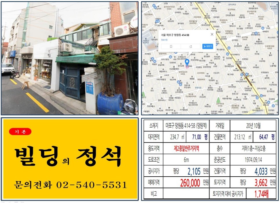  [마포구 망리단길 20억 꼬마빌딩 실거래가 조회] 망원동 414-58 (망원역) 26억 원, 평당 3,662만 원 매매되었습니다. 상암DMC 복합 롯데 쇼핑몰 개발
