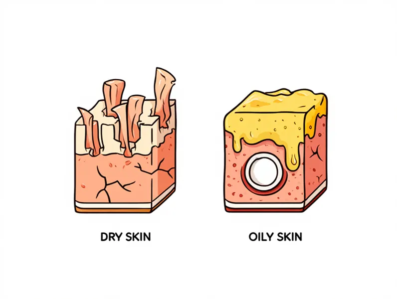 건성 피부와 지성 피부의 각질 상태를 비교하는 그림. 건성 피부는 각질이 건조하게 들떠 있고, 지성 피부는 각질과 피지가 엉겨 모공을 막고 있는 모습.