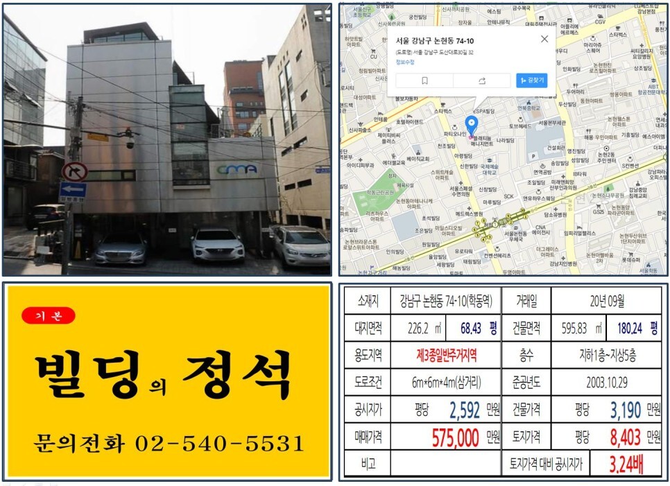  [강남구 도산대로 올근생 50억 꼬마빌딩 실거래가 조회] 논현동 74-10 (학동역) 57.5억 원, 평당 8,403만 원 매매되었습니다. 신사