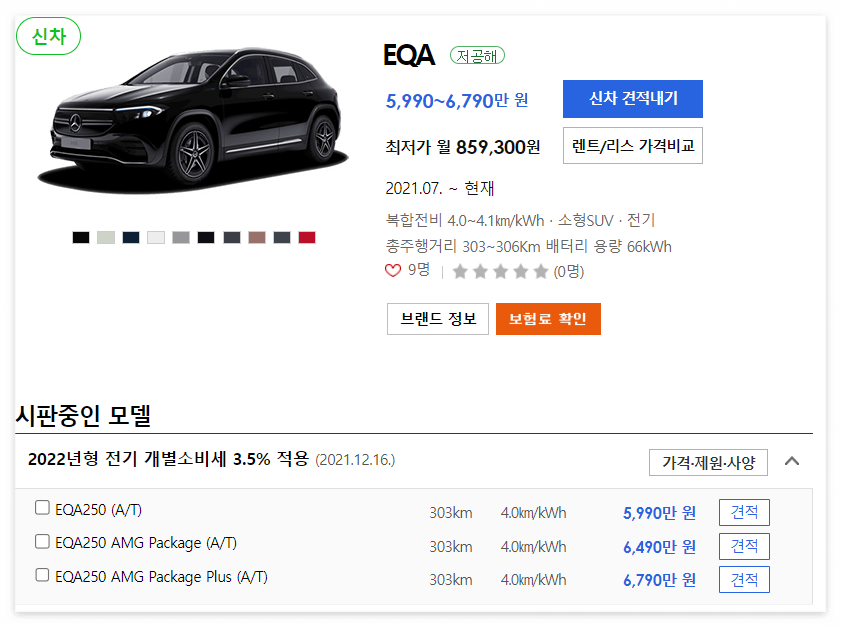 2022년형 벤츠 EQA 가격표