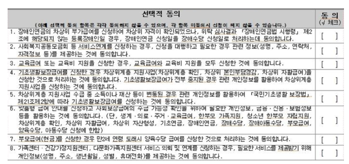 복지서비스 동의 체크항목이 나온 캡쳐본