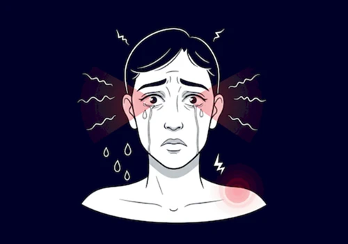 눈물 흘림&amp;#44; 시야 흐림&amp;#44; 빛 번짐&amp;#44; 두통&amp;#44; 어깨 결림 등 눈 시림과 동반되는 다양한 증상을 보여주는 라인 아트 일러스트레이션.