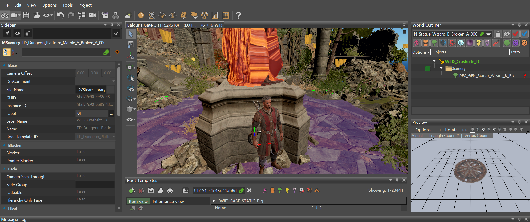 발더스 게이트 3 툴킷에서 석상 오브젝트의 텍스처를 성공적으로 변경한 화면